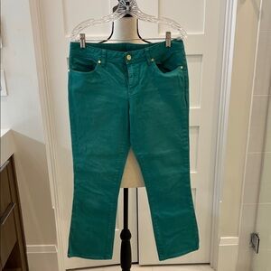Tory Burch Teal Cropped Slim Boot Jeans
